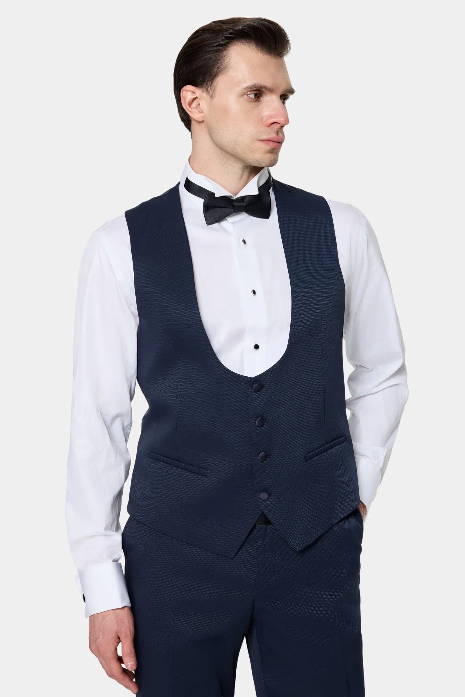 Ds Damat Slim Fit Lacivert Armürlü Smokin Yelekli Takim Elbise görsel 7