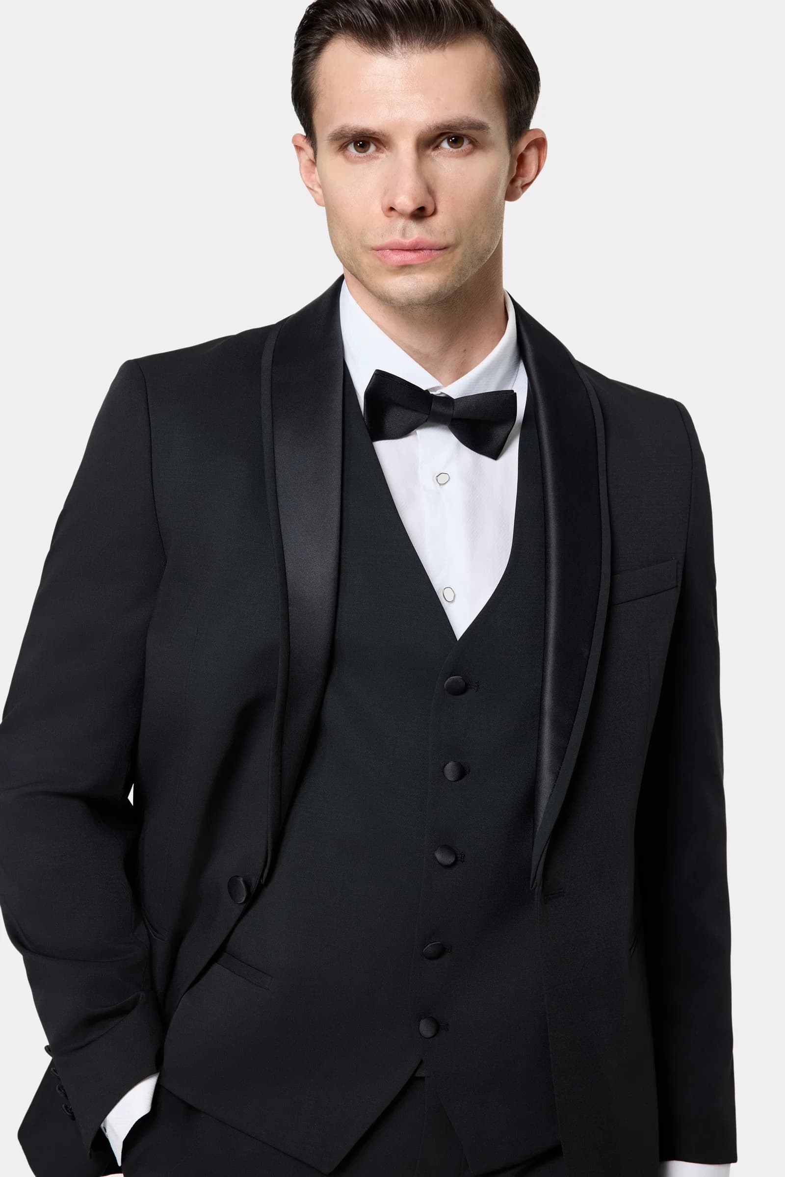 Twn Slim Fit Siyah Düz Smokin Yelekli Takim Elbise görsel 2